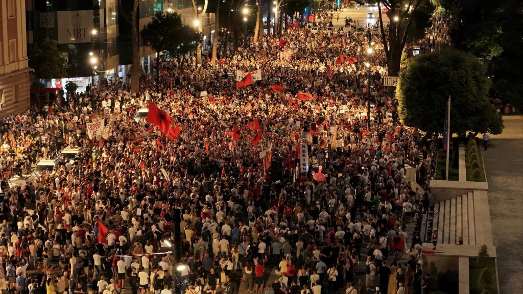 Protesters take part in a rally against a coastal development project in western Albania linked to President Donald Trump's son-in-law Jared Kushner