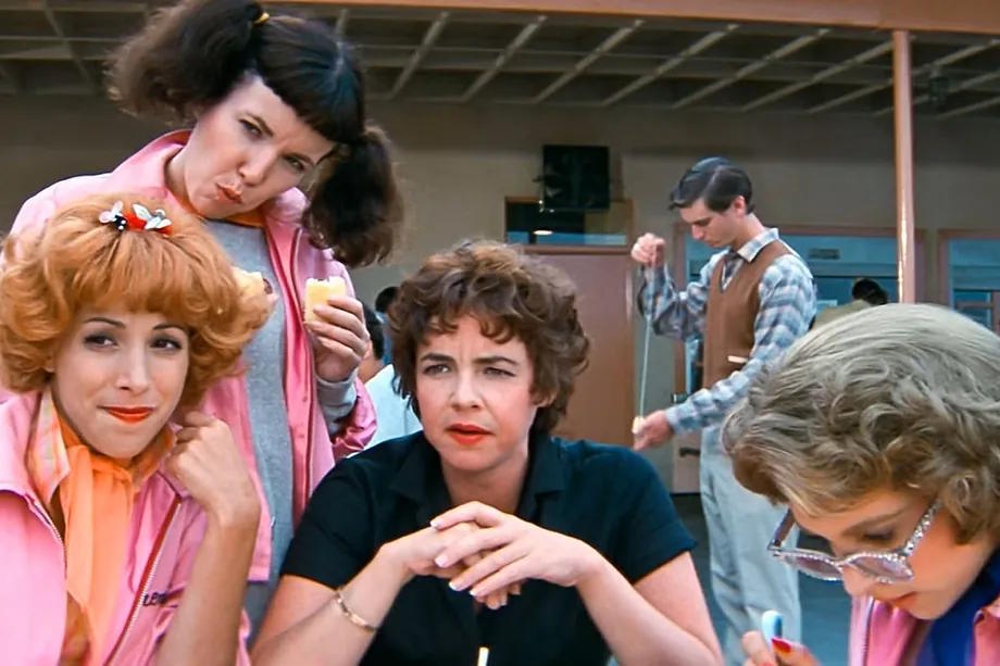The Pink Ladies from Grease: Jamie Donnelly (top), Didi Conn (bottom left), Stockard Channing (center), and Dinah Manoff.