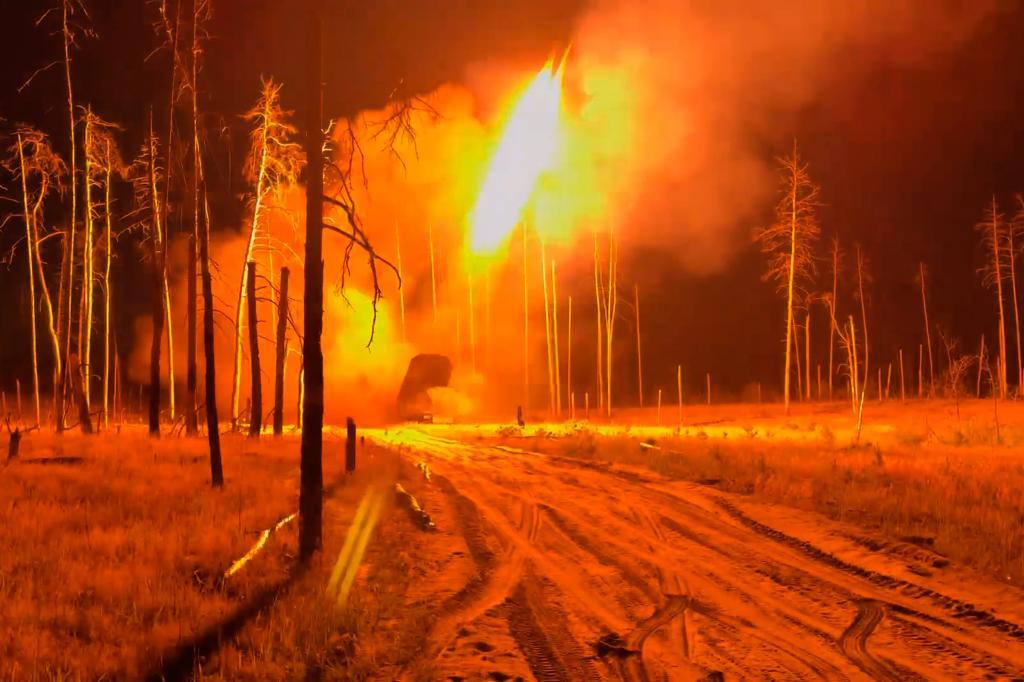 Rocket launcher fires towards the Ukrainian positions.