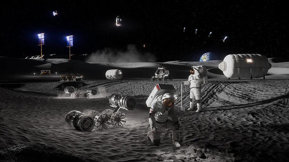 Artistic rendition of astronauts working on the Moon.