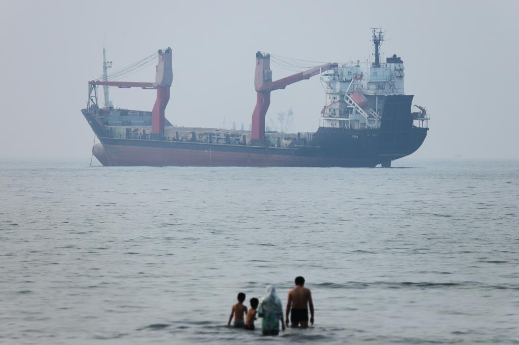 A group of people stands in shallow water as a cargo ship appears anchored in the Strait of Hormuz o