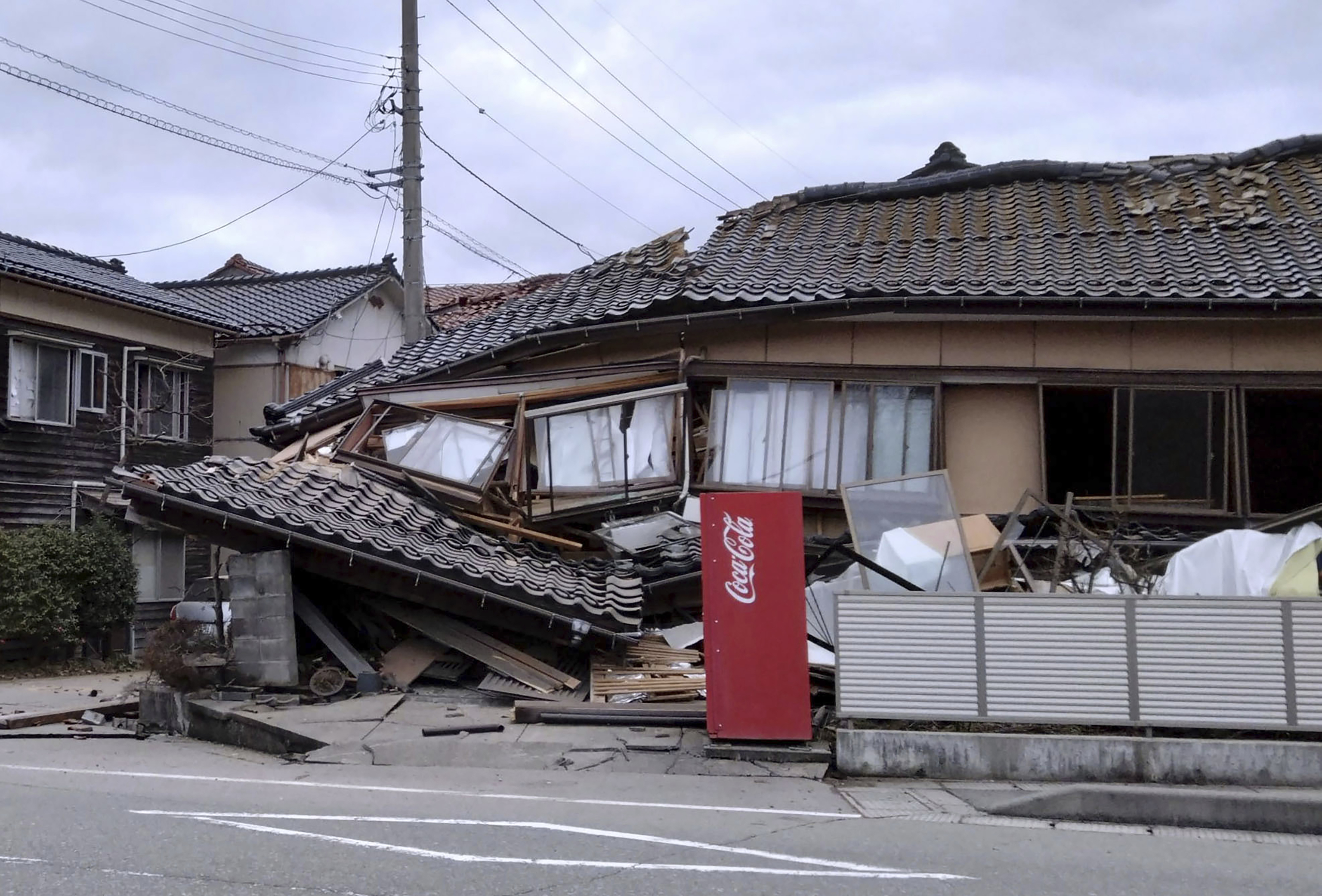 A house is damaged by an earthquake in Wajima, Ishikawa prefecture in 2024.