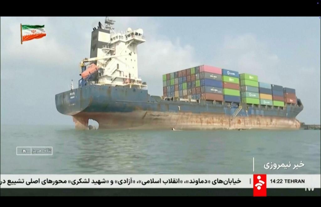 Iranian state television shows a vessel that ran aground in the Strait of Hormuz