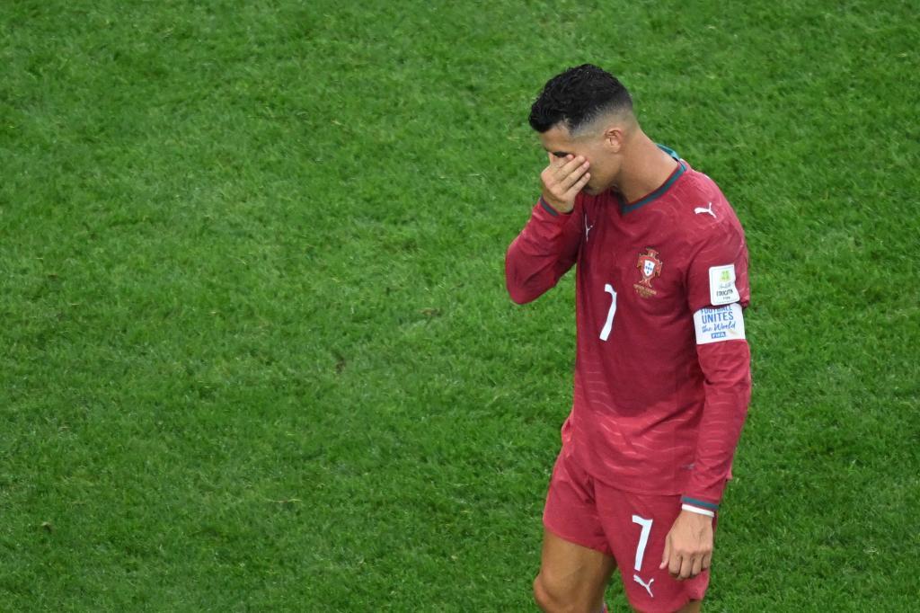 Portugal's Cristiano Ronaldo reacts after Portugal lost a World Cup round of 16 soccer match against Spain