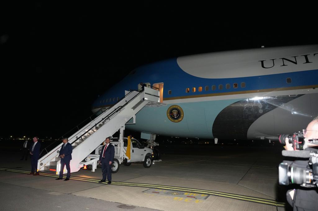 Air Force One sits on the tarmac as President Donald Trump