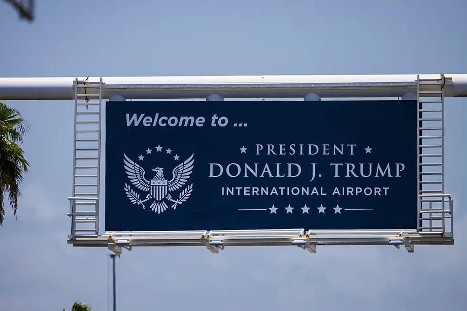 A sign bearing the airport's new name in West Palm Beach.da.