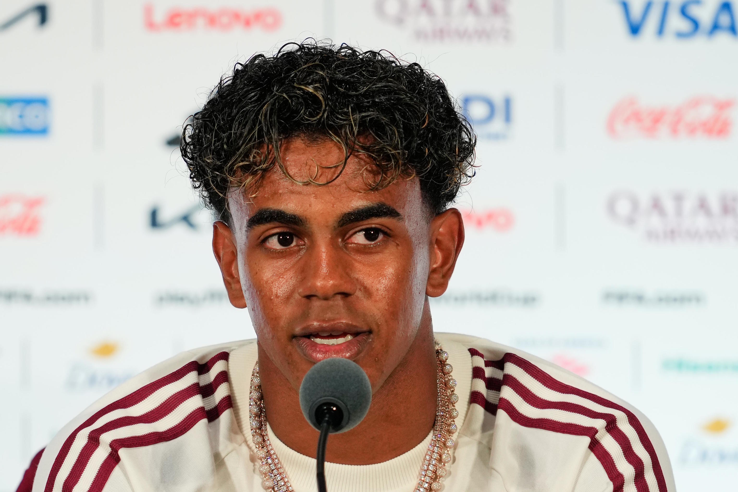 Spain's Lamine Yamal during press conference.