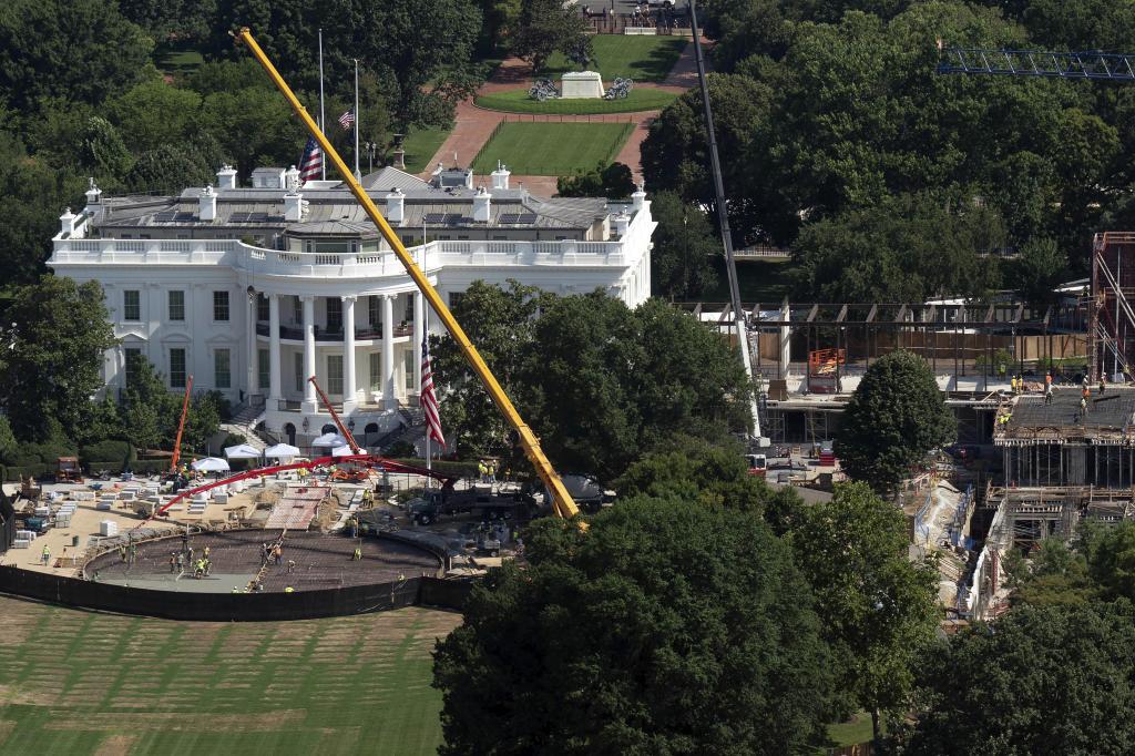 Construction on a helipad on the South Lawn and the White House ballroom