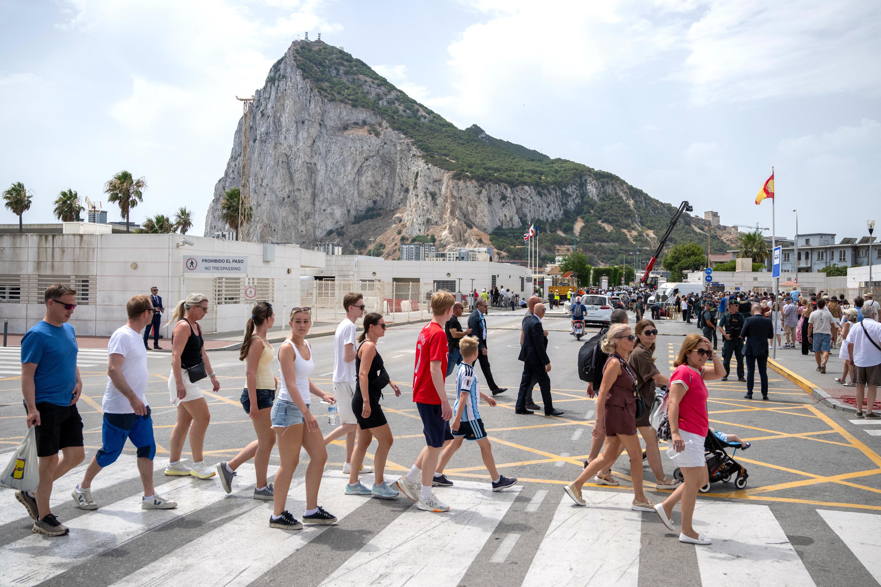 First day of passport-free travel at the border crossing between Gibraltar and Spain.