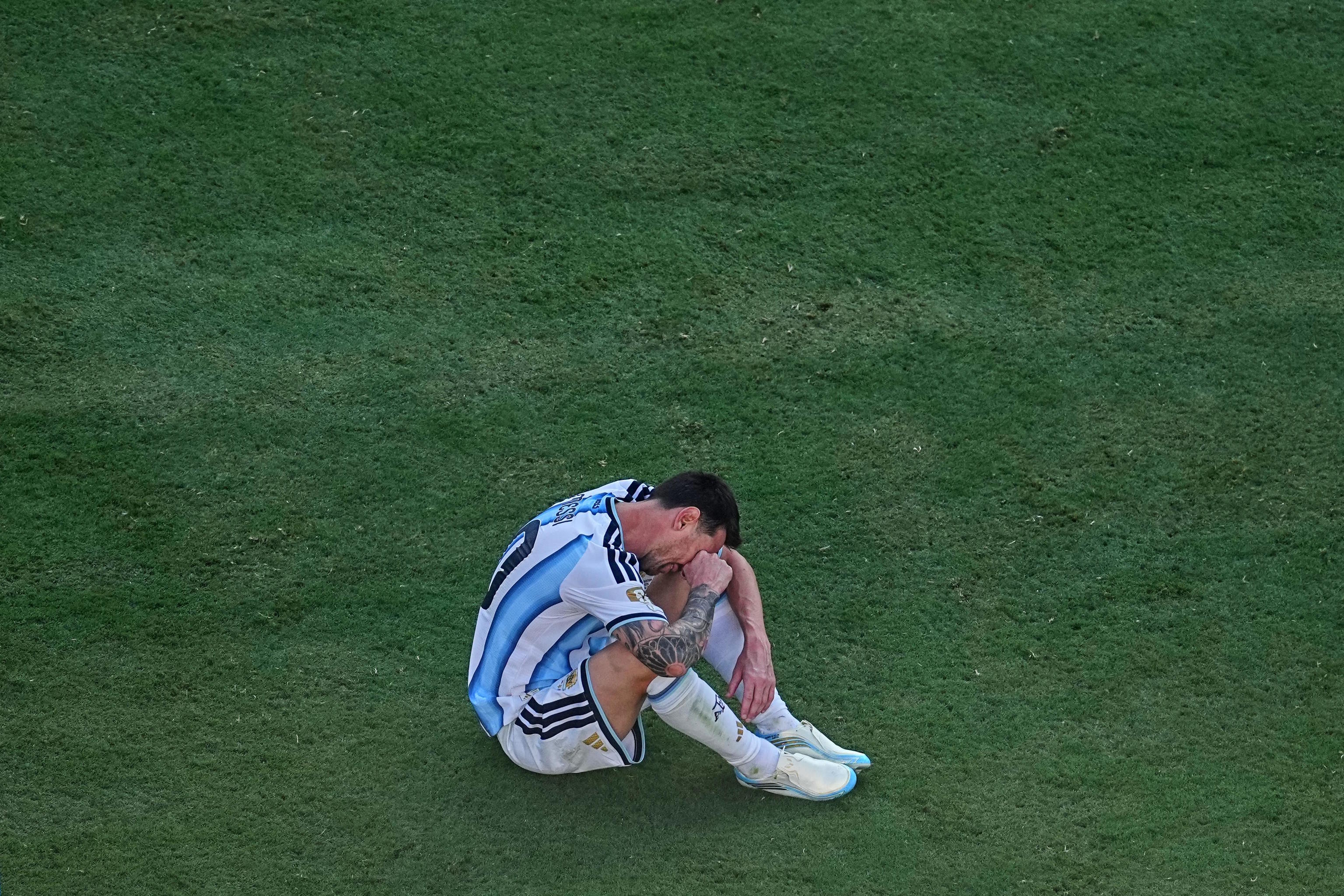 Argentina's Messi reacts after the World Cup final soccer match.