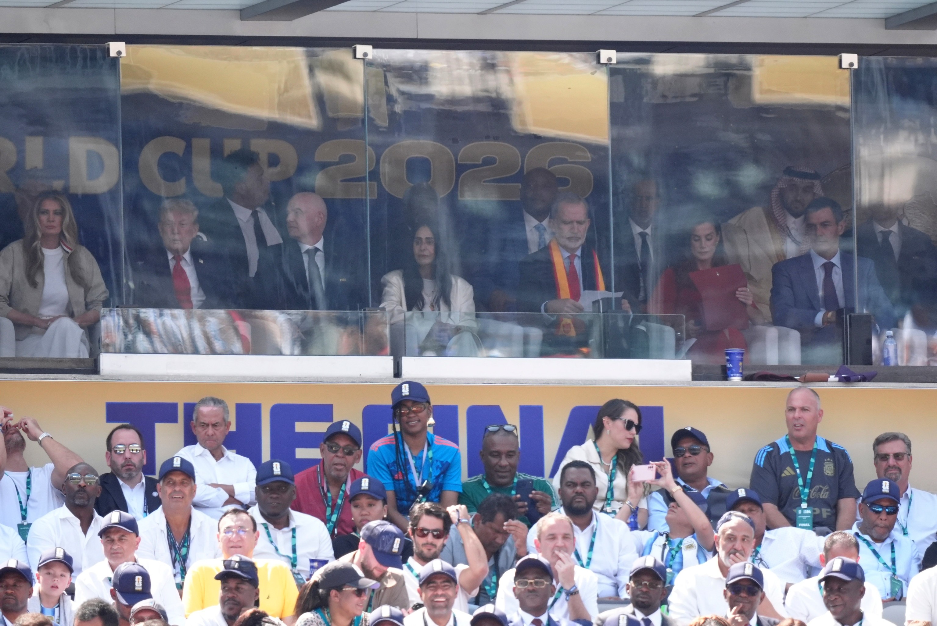 President Trump, FIFA President Infantino, Leena Al Ashqar, King Felipe VI of Spain, Queen Letizia of Spain and Spain's Prime Minister Pedro Sanchez.