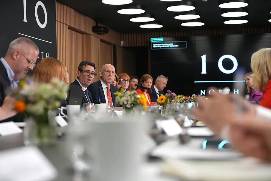 Andy Burnham chairs a meeting at 10 North, Heron House, in Manchester, England.