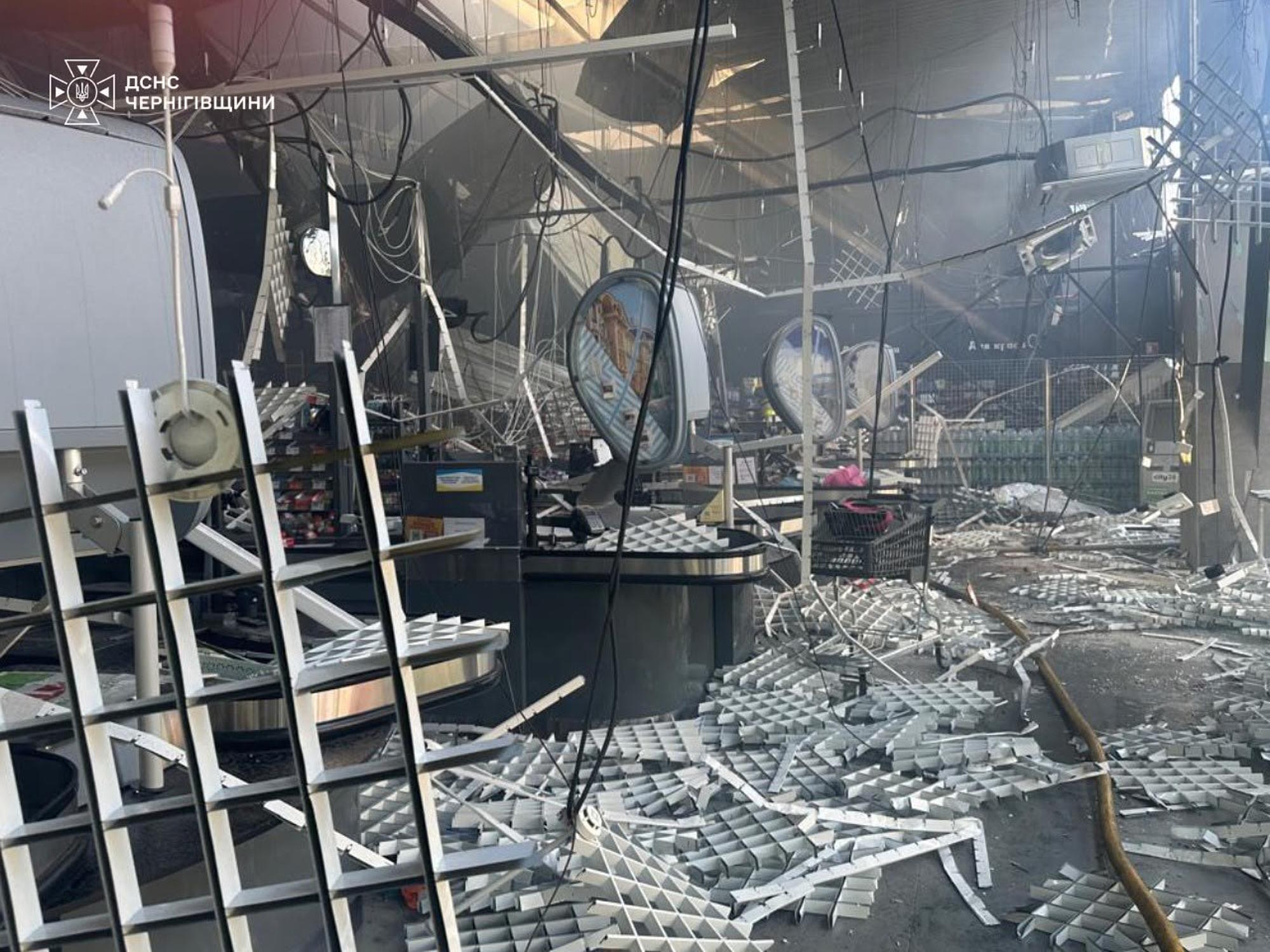 A damaged supermarket after Russian drone strikes in Chernihiv, Ukraine.
