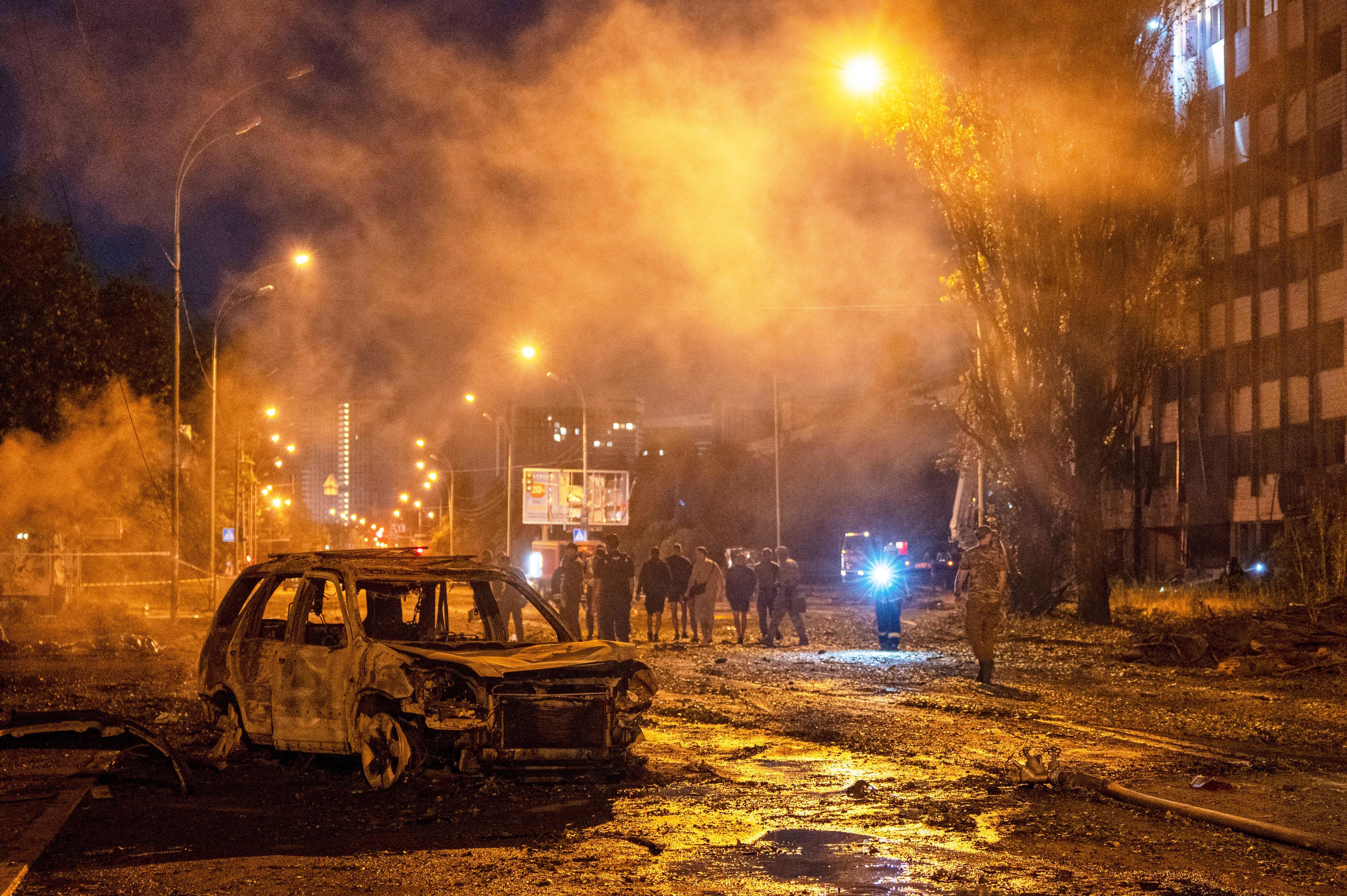 A burned-out car is seen after a Russian missile attack in Kyiv, Ukraine.
