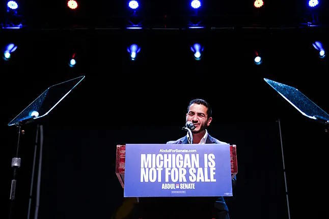 Abdul El-Sayed, a progressive candidate in the Democratic primaries for the US Senate in Michigan, at his election party after his victory.