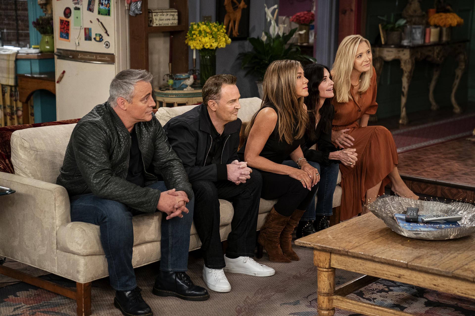 Matt LeBlanc, from left, Matthew Perry, Jennifer Aniston, Courteney Cox and Lisa Kudrow in a scene from the "Friends" reunion special.