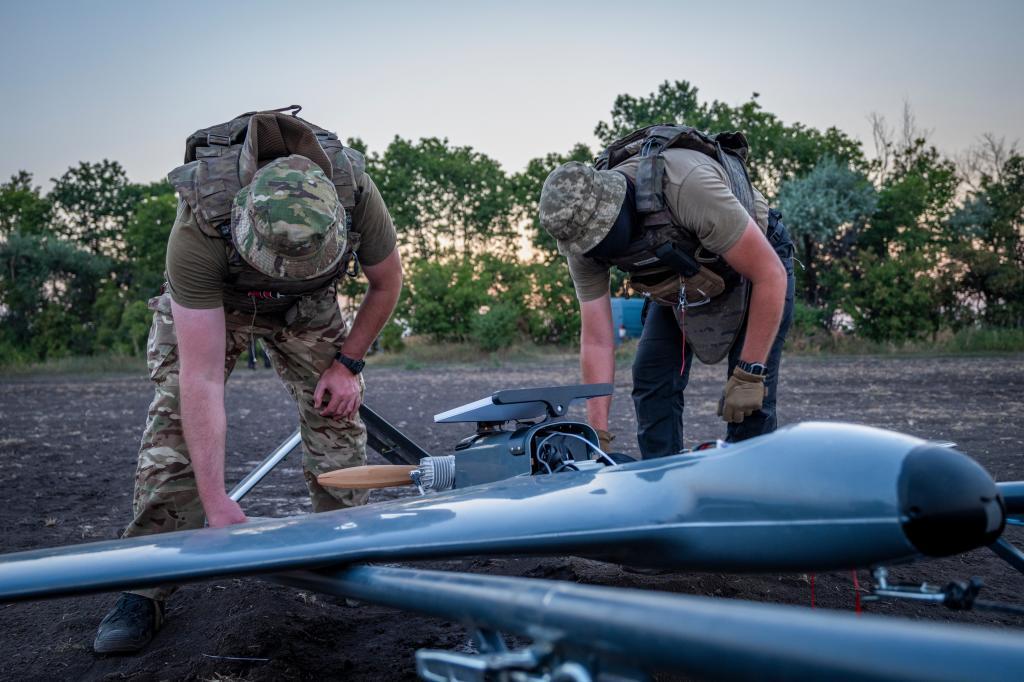 Ukrainian servicemen prepare a "Chaklun" strike drone used for deep-strike operations against Russian positions in Crimea