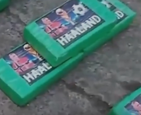 Erling Haaland's face appears on cocaine bricks.