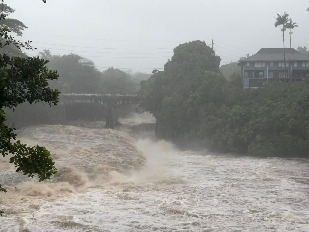 A view of the rising water levels at the Wainaku Street Bridge in Hilo on the Big Island of Hawaii