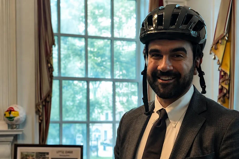 Mamdani trying on his new helmet for the first time in a social media video.