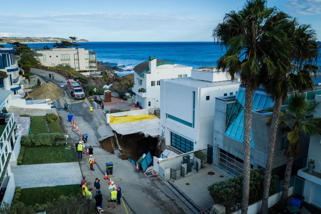 An aerial view of a sinkhole which collapsed the driveway of a coastal mansion owned by actor Nicolas Cage