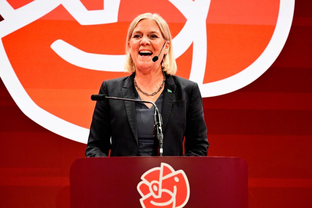 Social Democrats party leader Magdalena Andersson speaks during the Social Democrats' election night watch party