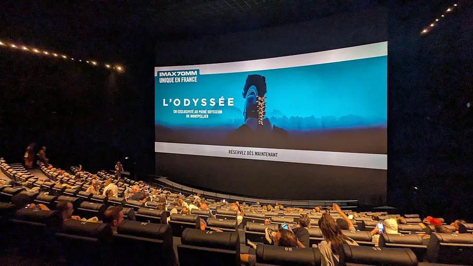 Screen 18 of the Pathé Odysseum cinema in Montpellier shows 'The Odyssey' in IMAX 70 mm format.