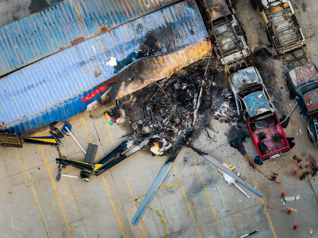 An aerial view of the aftermath of a news helicopter that crashed in Chatsworth,