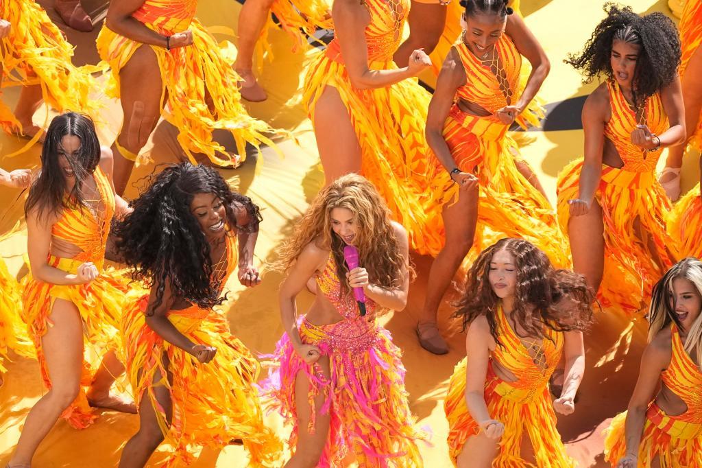 Shakira performs during halftime during the World Cup final soccer