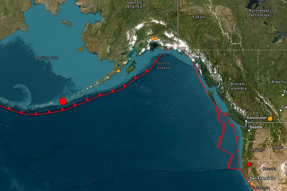 The 6.4-magnitude earthquake in Alaska, marked in red.