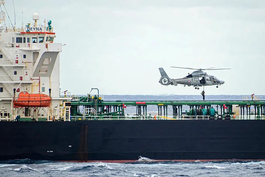 A French navy helicopter intercepts the Tagor, a Russian tanker from the ghost fleet.