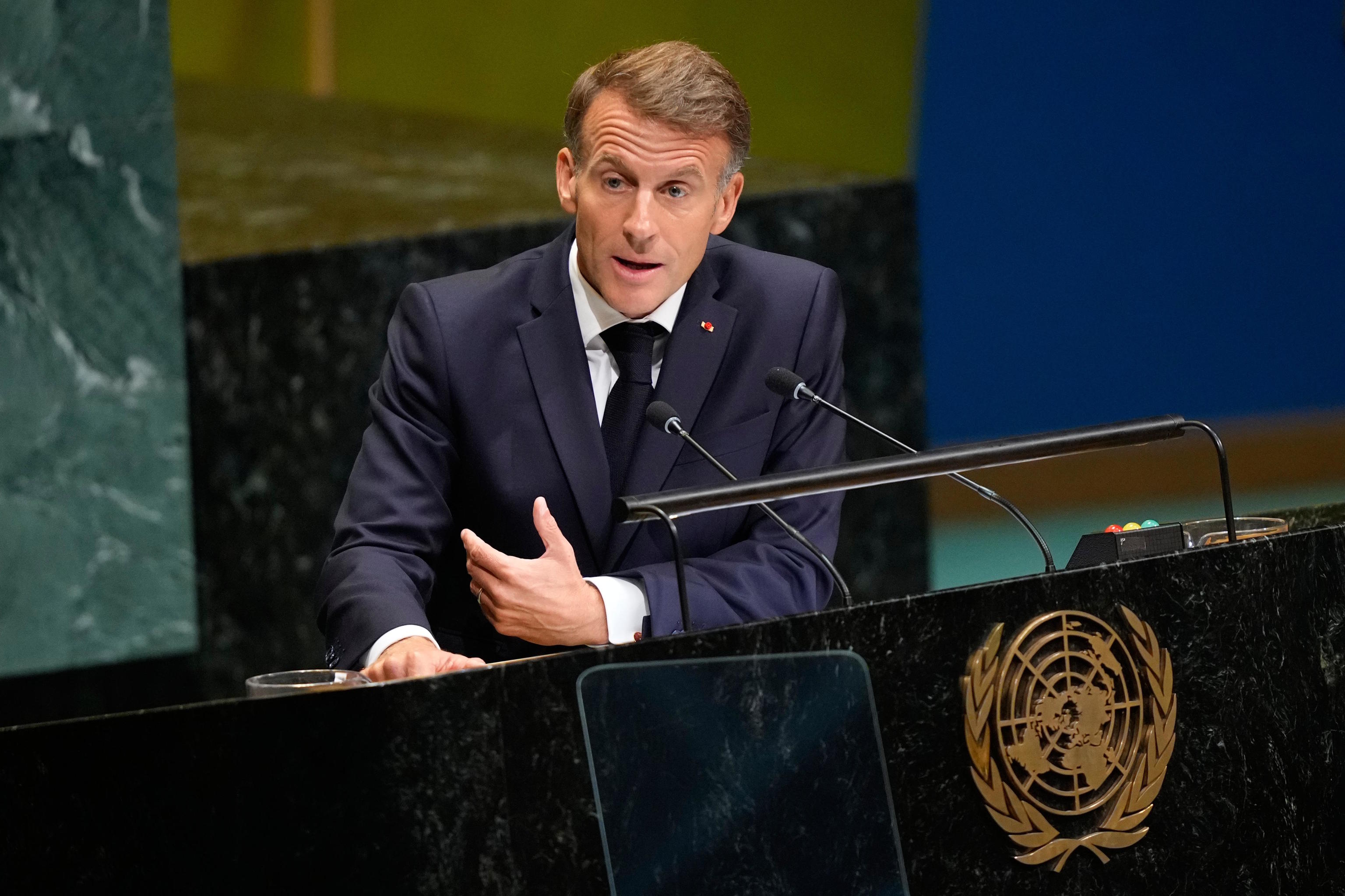 Macron speaks at United Nations headquarters.