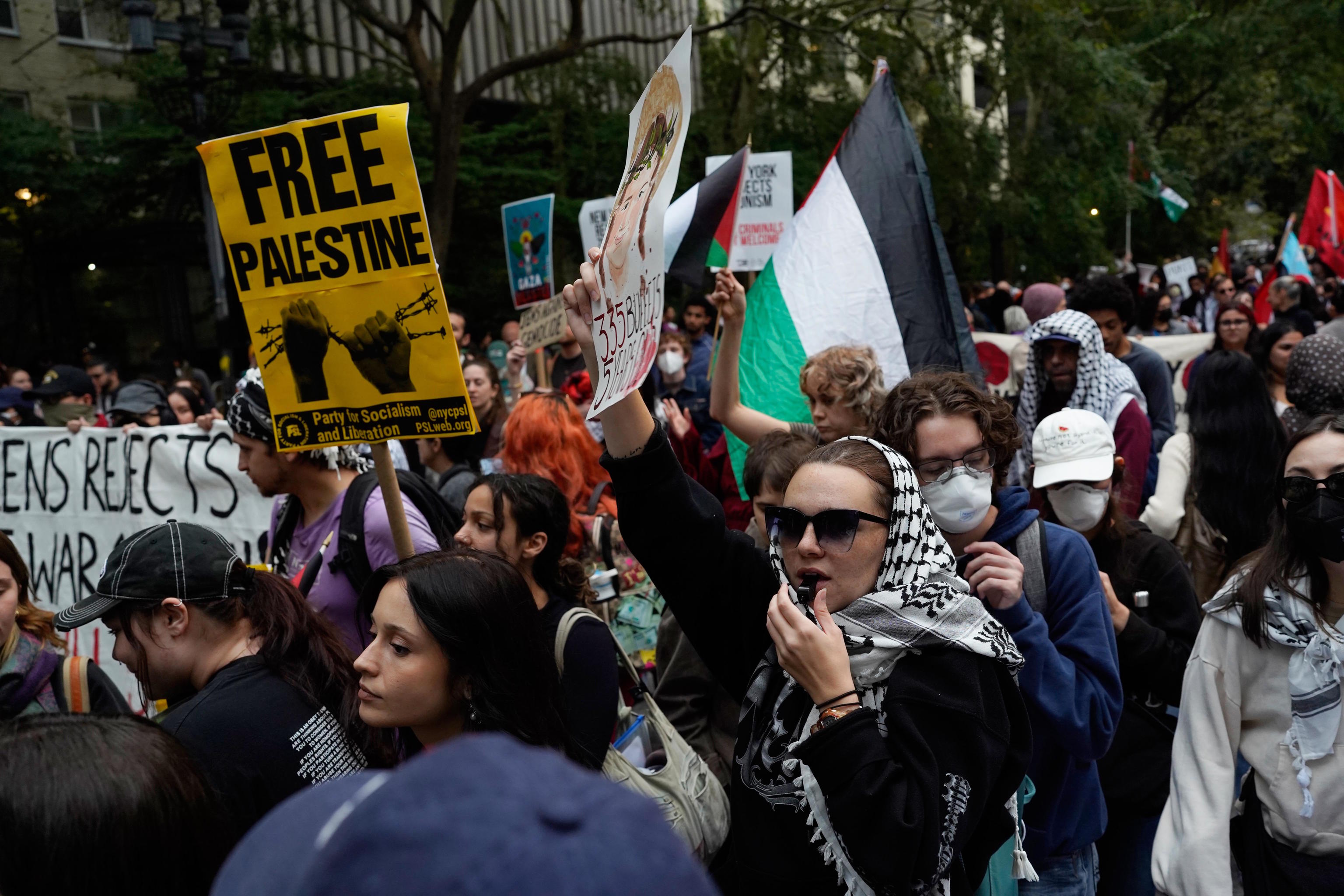 Demonstrators gather to protest following Netanyahu's address at the 81st session of the United Nations General Assembly,