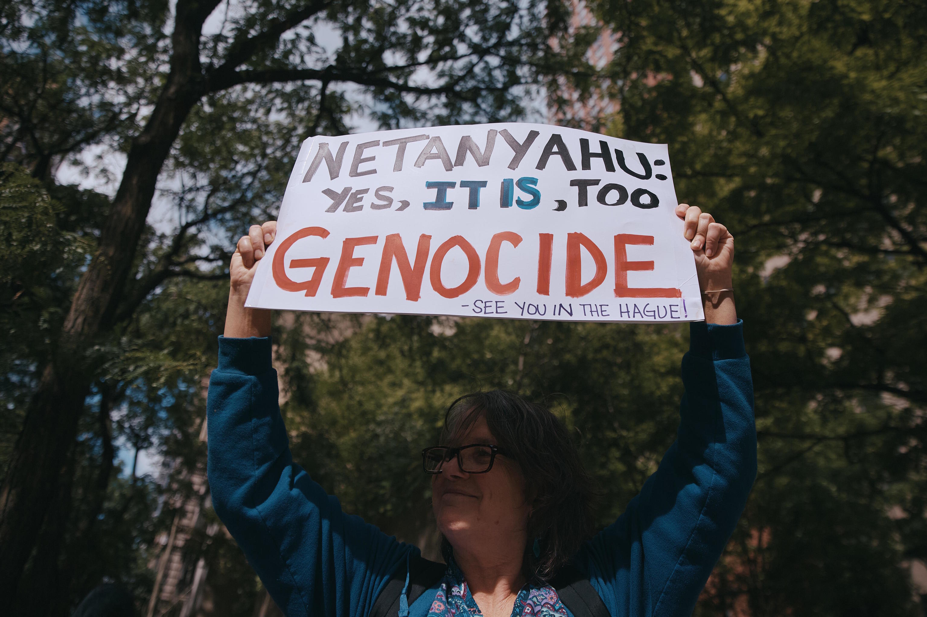 Placard against Netanyahu near United Nations headquarters.