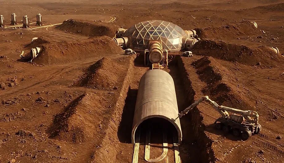 Artistic recreation of the construction of a settlement on Mars using biofabrication technologies.