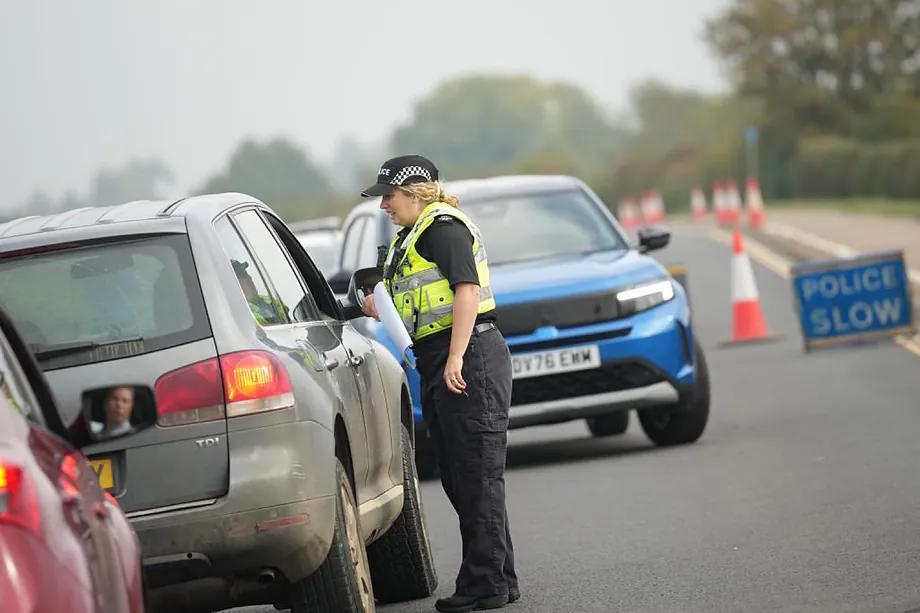 Police checkpoint near Fairford base on Sunday.