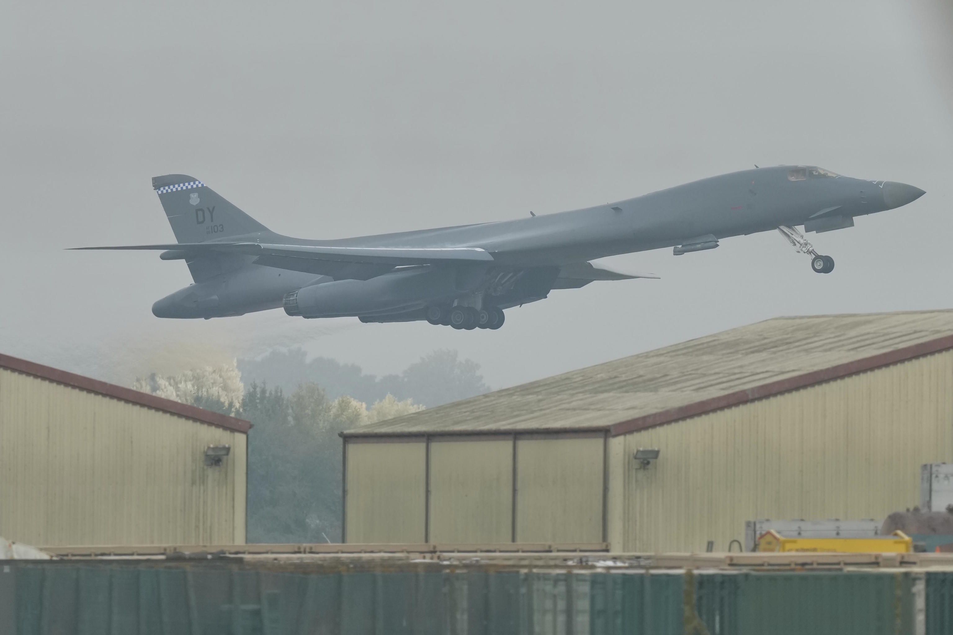 Panoramic view of a defense aircraft at RAF Fairford, UK.