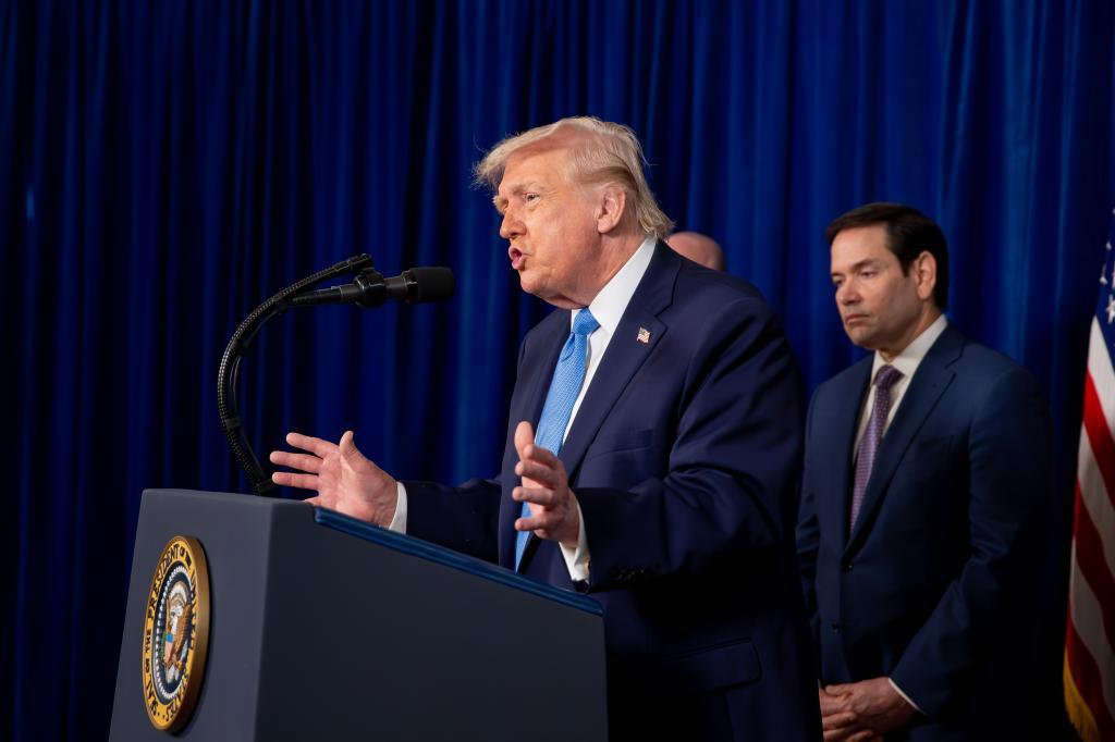 President Donald Trump speaks during a news conference at the Mar-a-Lago Club in Palm Beach