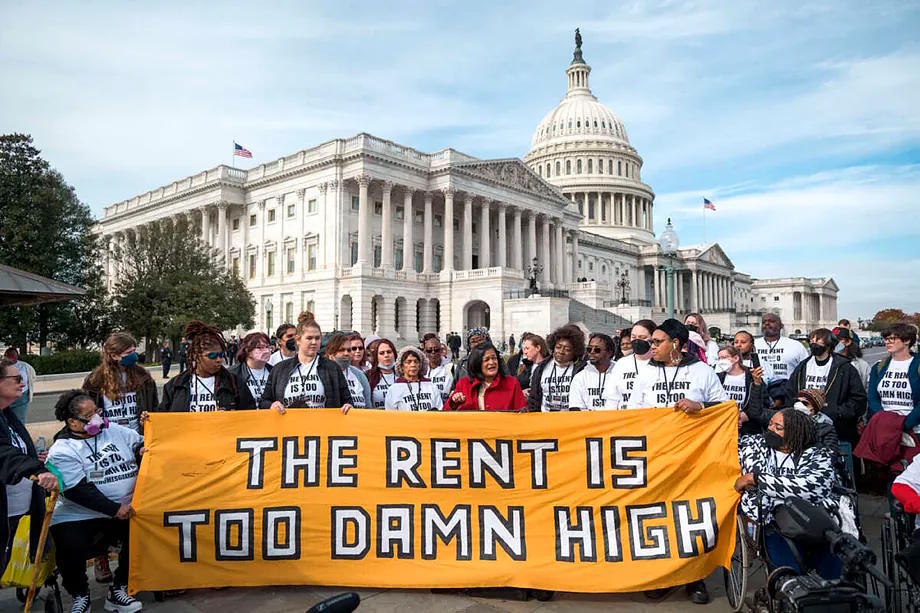 A 2023 protest in Washington against rental prices charged by large corporate landlords.