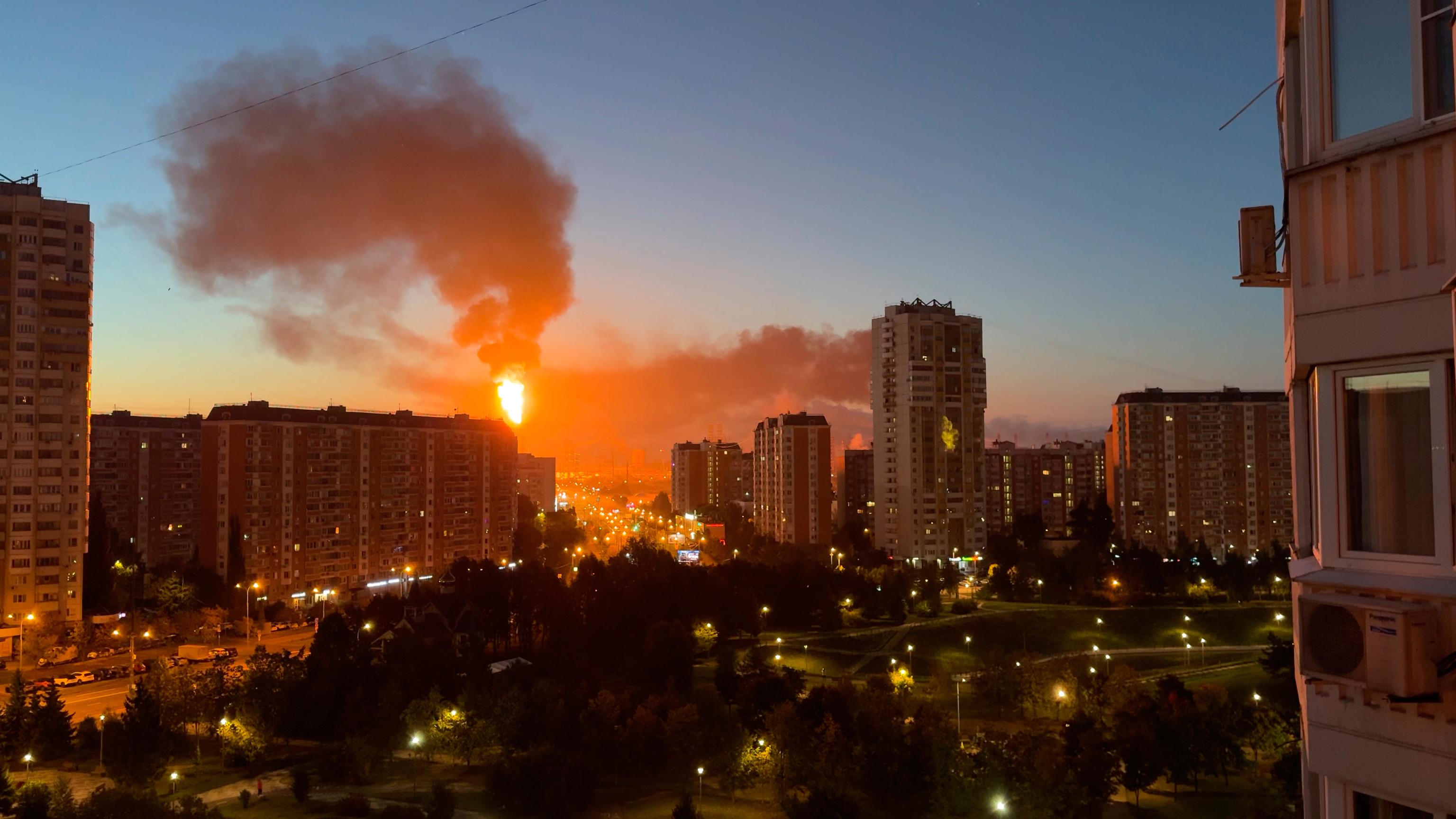 Flame and smoke is seen rising from Moscow's oil refinery following a largescale Ukrainian drone attack.