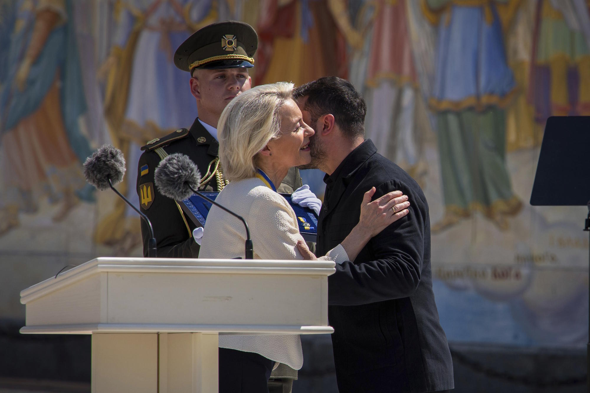 Zelenskyy greets Ursula von der Leyen in Kyiv last July.