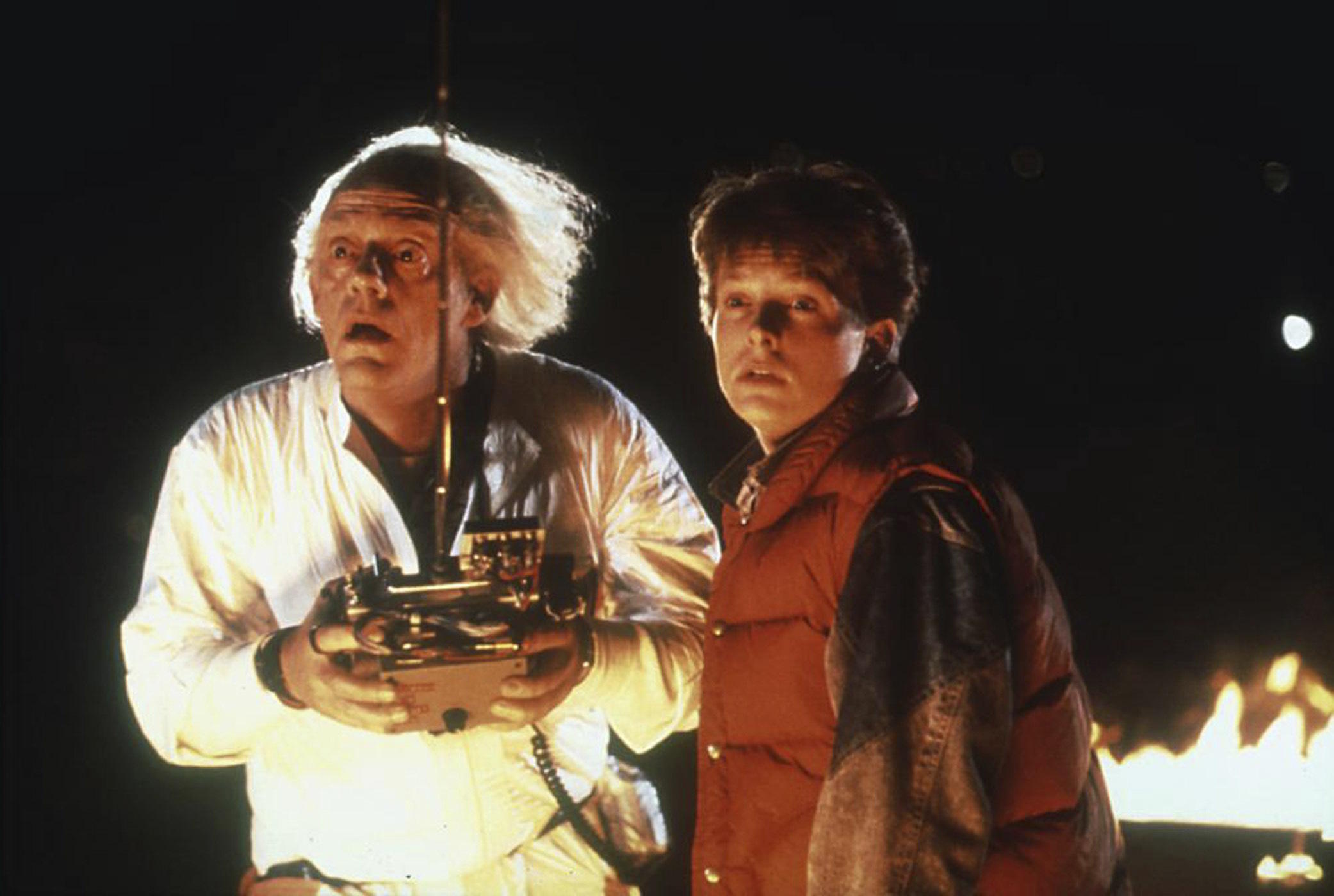 Christopher Lloyd and Michael J. Fox in a still from the film 'Back to the Future'.